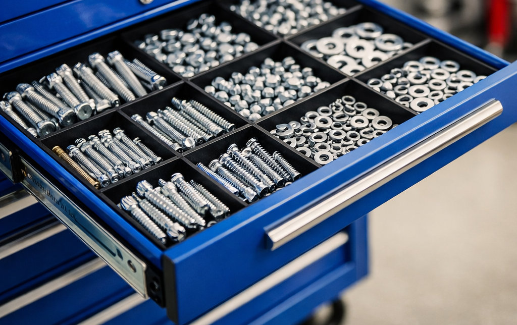 Organized drawer of stainless steel bolts, nuts, and washers